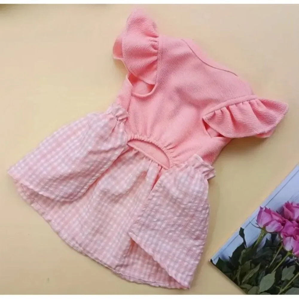 Pink Plaid‎ Bow Ruffles Dog Pet Cat Small Dress NWOT